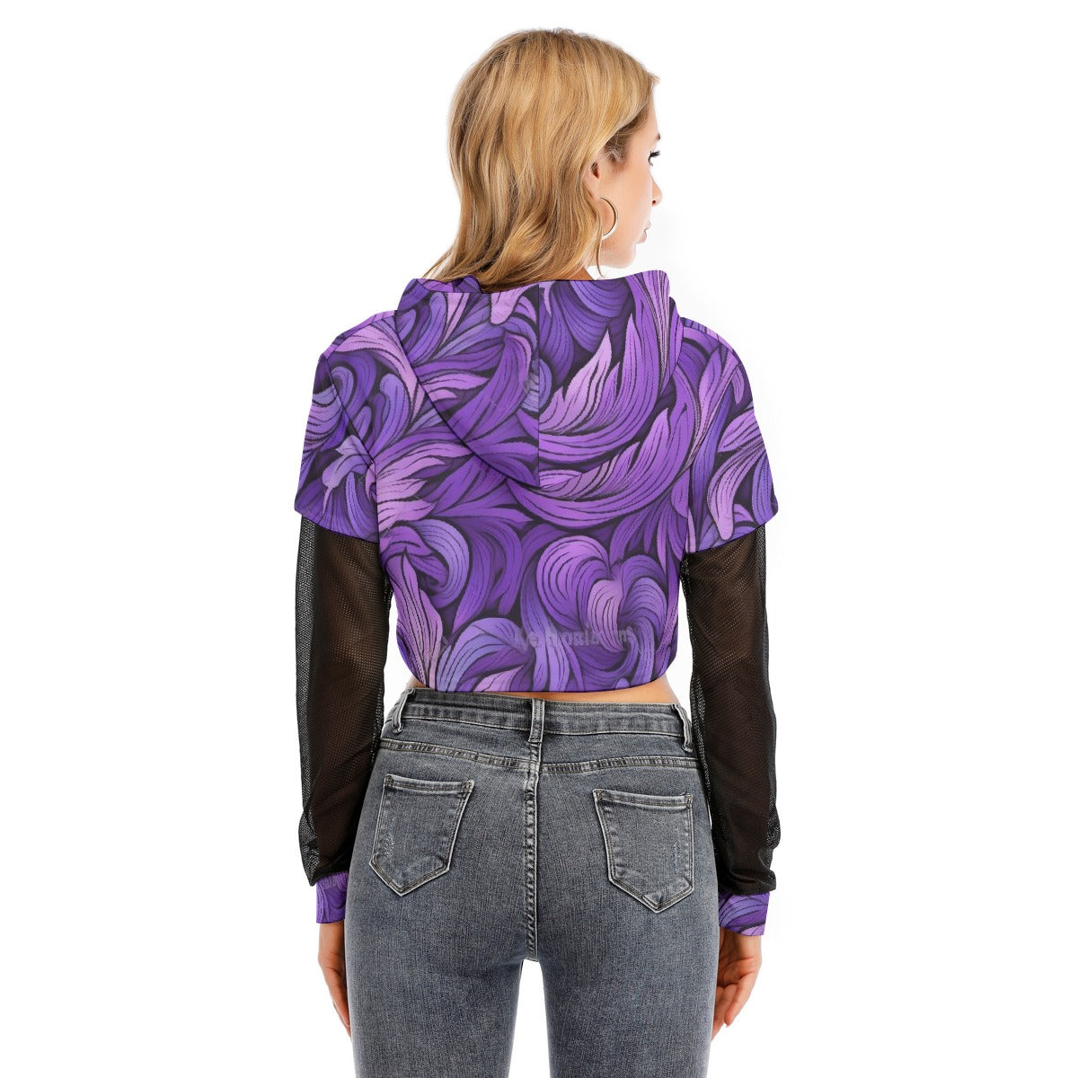 All-Over Print Women's Fake Two-piece Mesh Sleeve Cropped Hoodie