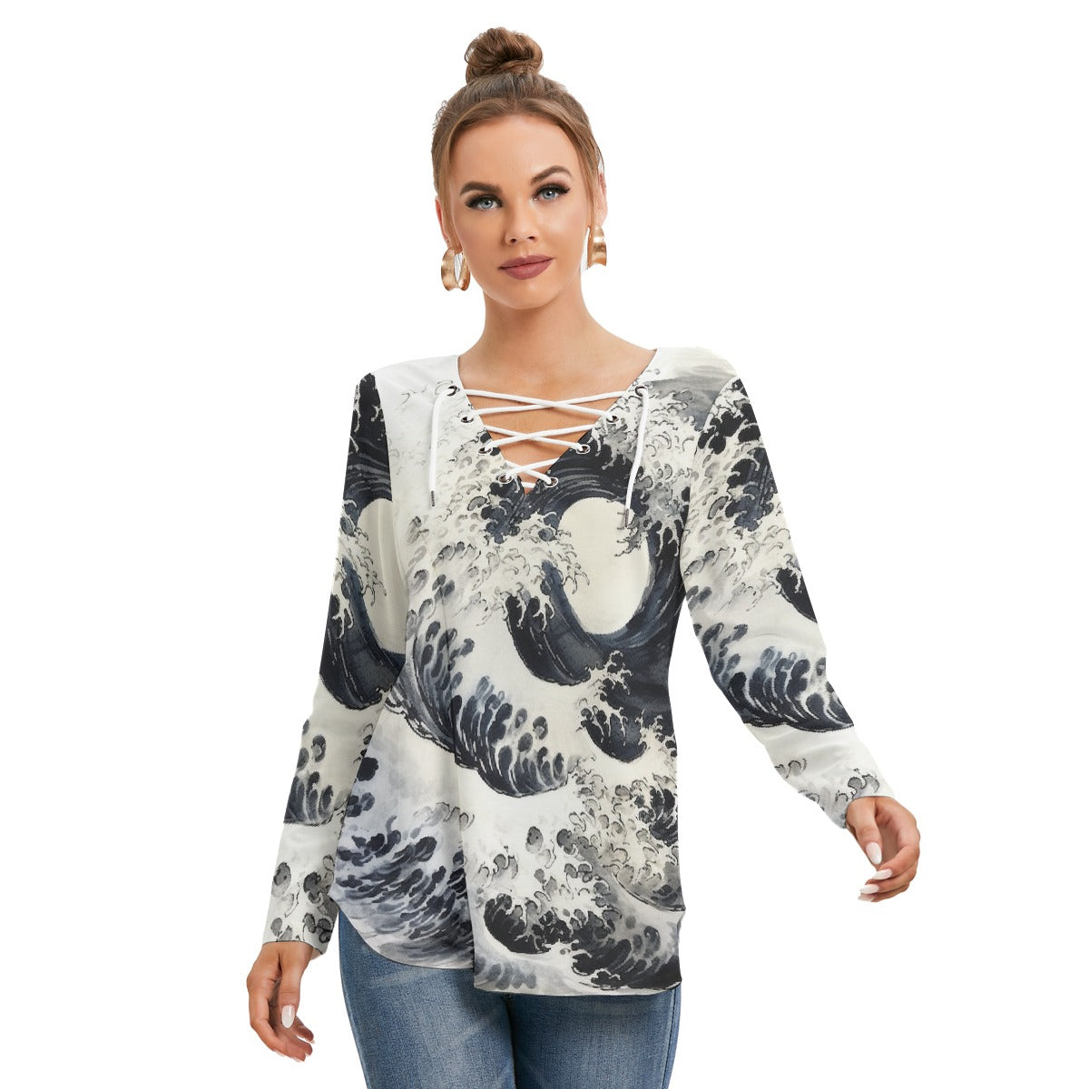 All-Over Print Women's Long Sleeve Neckline Tie Sweatshirt