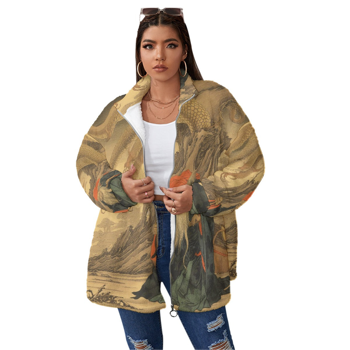 All-Over Print Unisex Borg Fleece Stand-up Collar Coat With Zipper Closure(Plus Size)