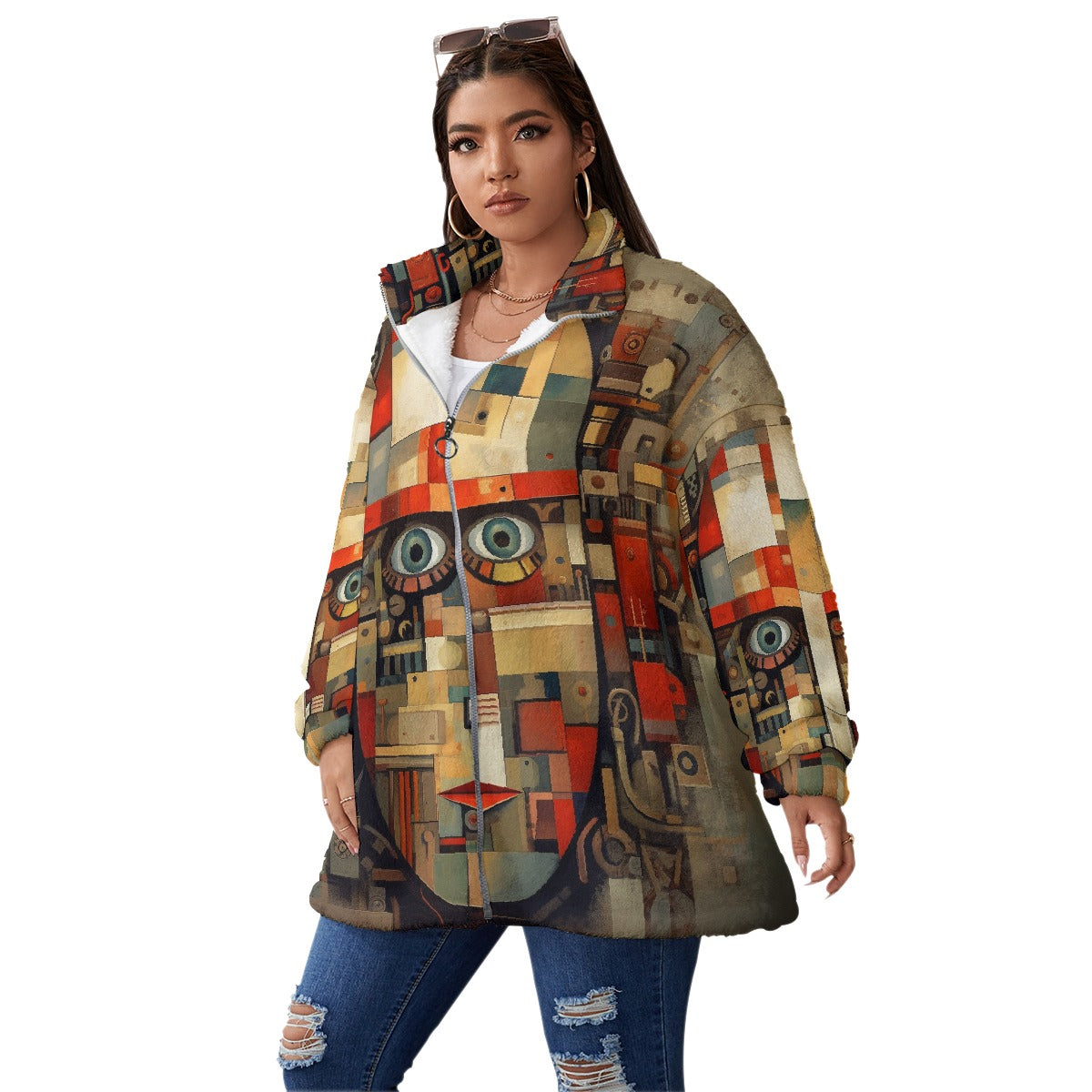 All-Over Print Unisex Borg Fleece Stand-up Collar Coat With Zipper Closure(Plus Size)
