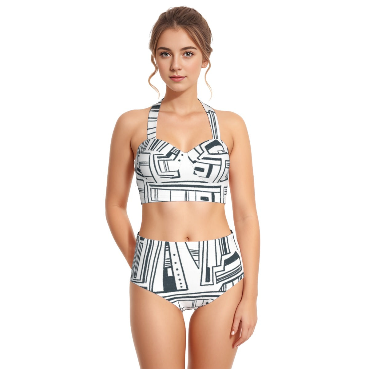 All-Over Print Women's Swimsuit Set With Halter