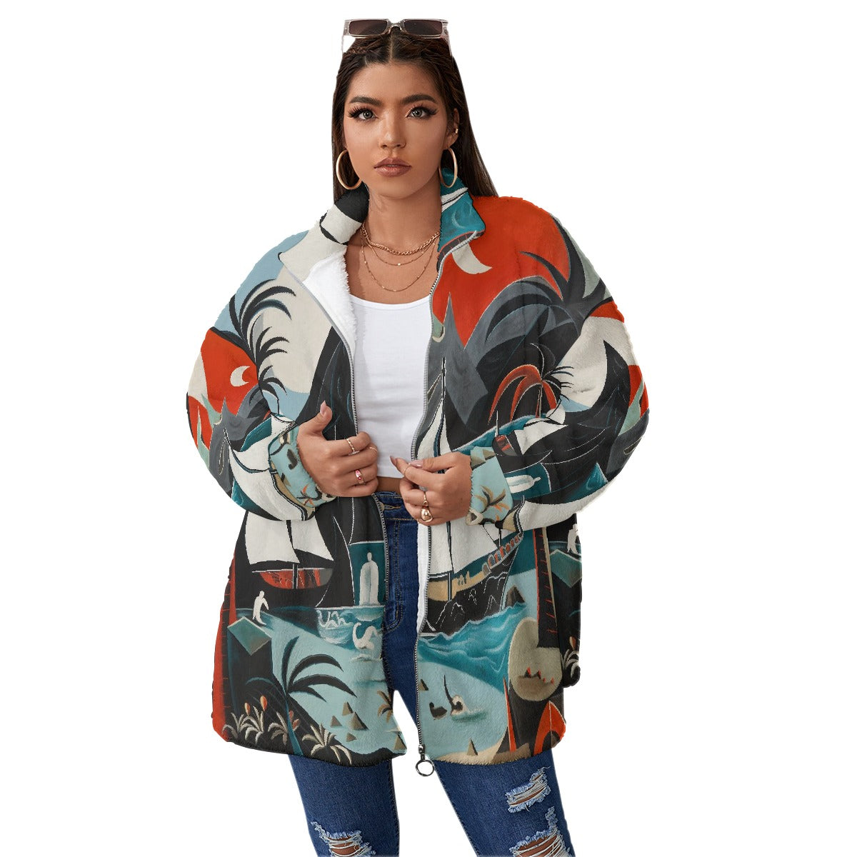 All-Over Print Unisex Borg Fleece Stand-up Collar Coat With Zipper Closure(Plus Size)