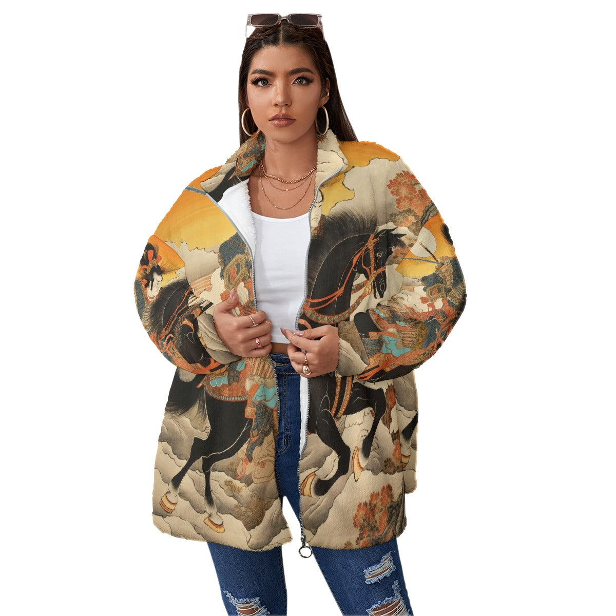 All-Over Print Unisex Borg Fleece Stand-up Collar Coat With Zipper Closure(Plus Size)