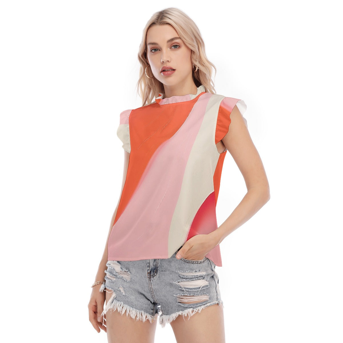 All-Over Print Women's Blouse With Ruffle Collar And Sleeve