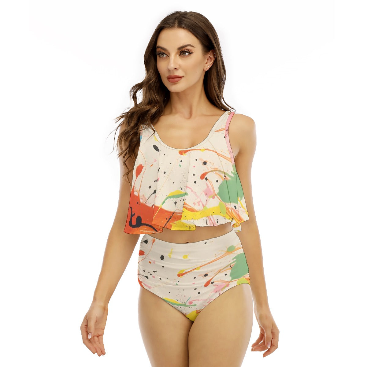 All-Over Print Women's Ruffled Vest Bikini Swimsuit