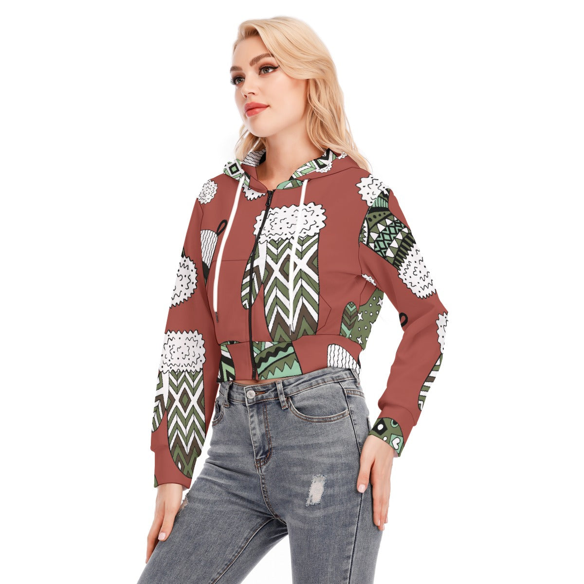 All-Over Print Women's Crop Top Hoodie With Zipper Closure