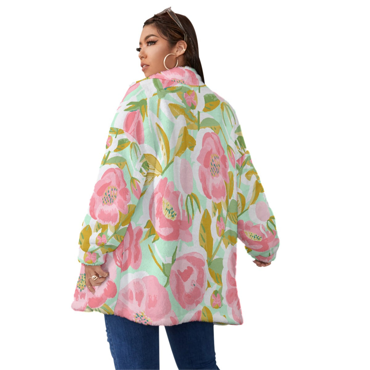 All-Over Print Unisex Borg Fleece Stand-up Collar Coat With Zipper Closure(Plus Size)
