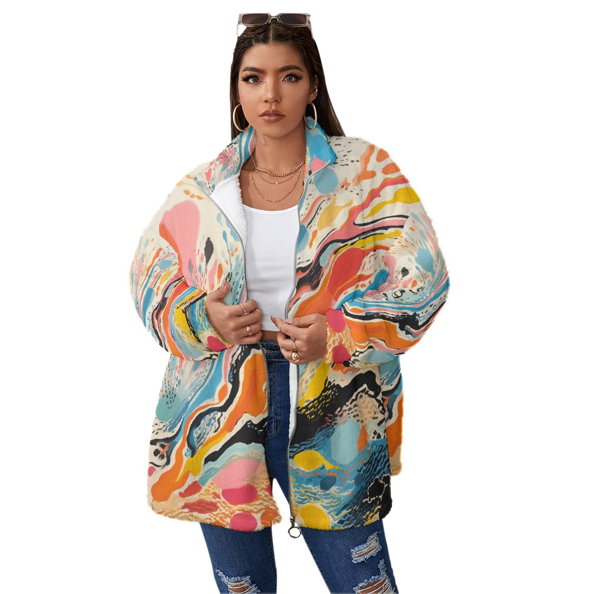 All-Over Print Unisex Borg Fleece Stand-up Collar Coat With Zipper Closure(Plus Size)