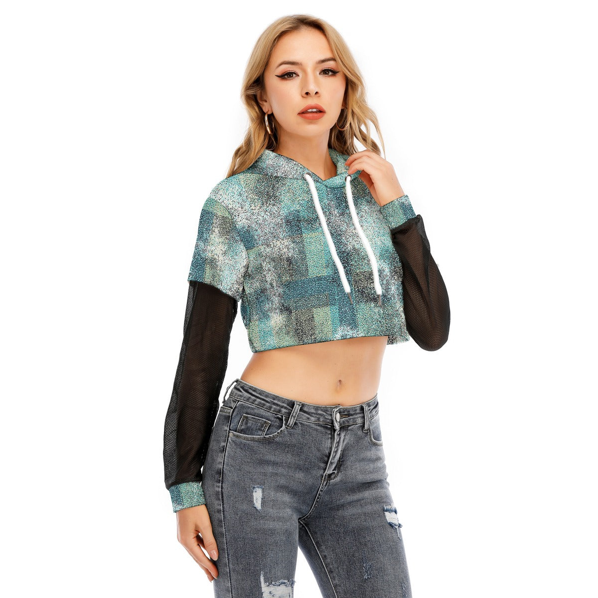 All-Over Print Women's Fake Two-piece Mesh Sleeve Cropped Hoodie