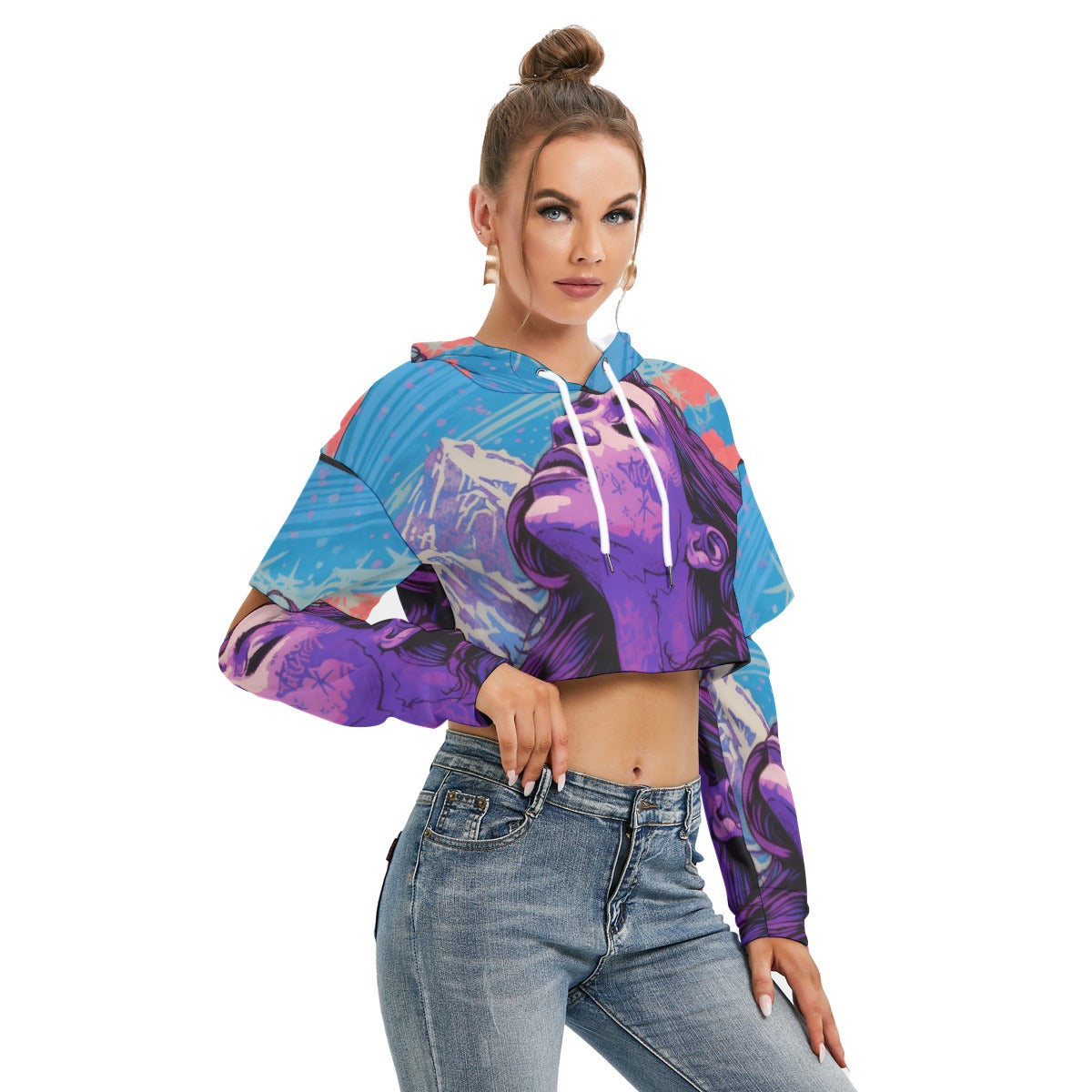 All-Over Print Women's Heavy Fleece Hoodie With Hollow Out Sleeve