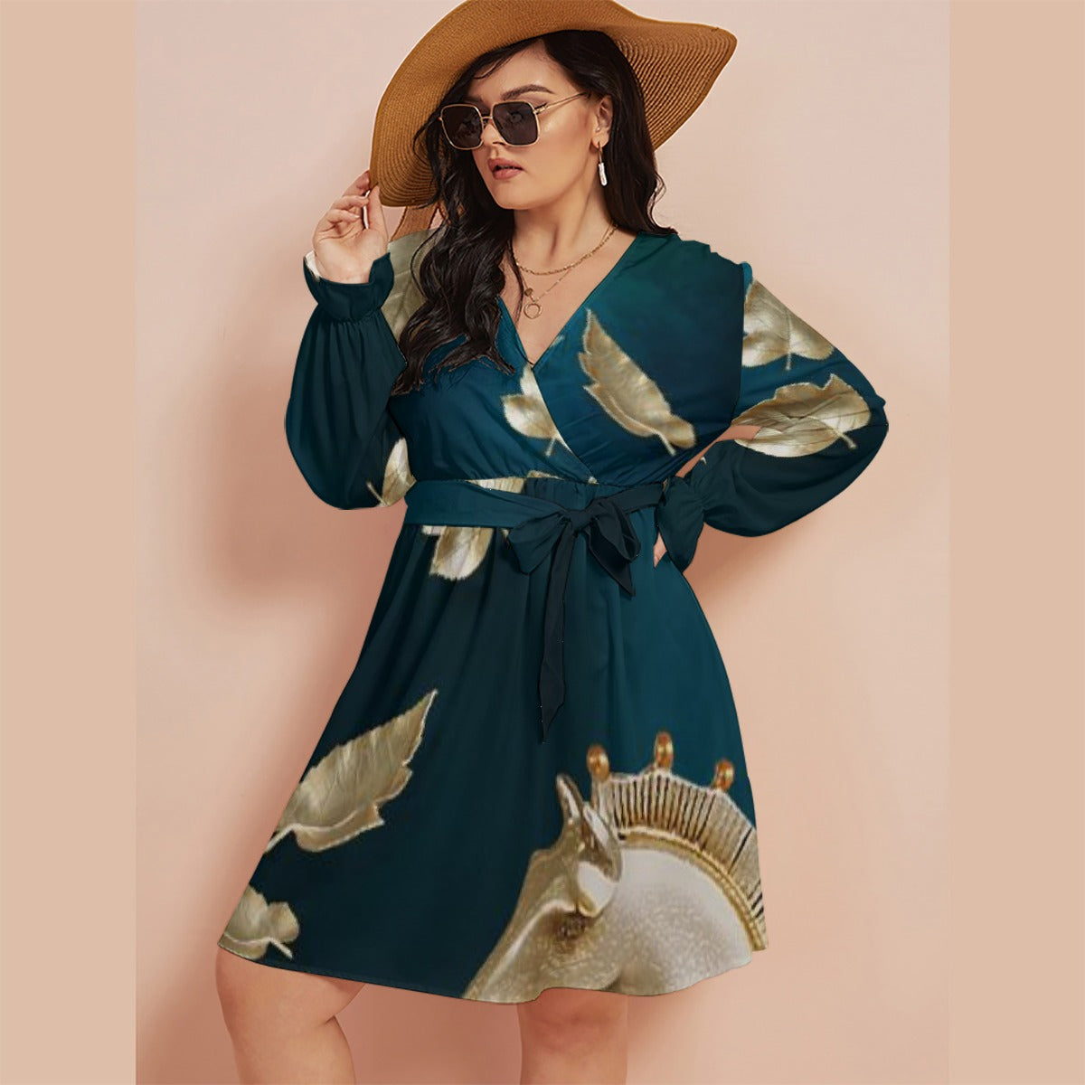 All-Over Print Women's V-neck Dress With Waistband(Plus Size)