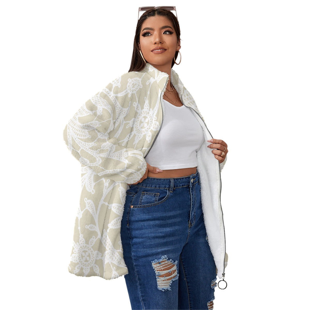 All-Over Print Unisex Borg Fleece Stand-up Collar Coat With Zipper Closure(Plus Size)