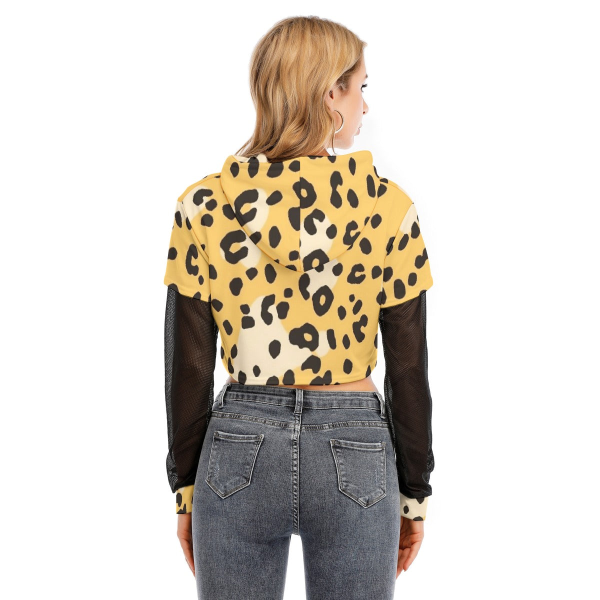 All-Over Print Women's Fake Two-piece Mesh Sleeve Cropped Hoodie