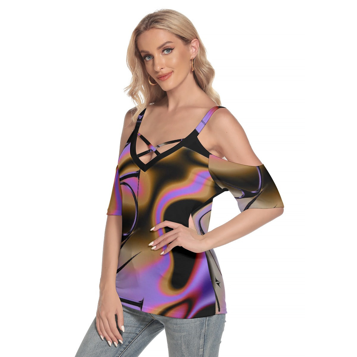All-Over Print Women's Cold Shoulder T-shirt With Criss Cross Strips