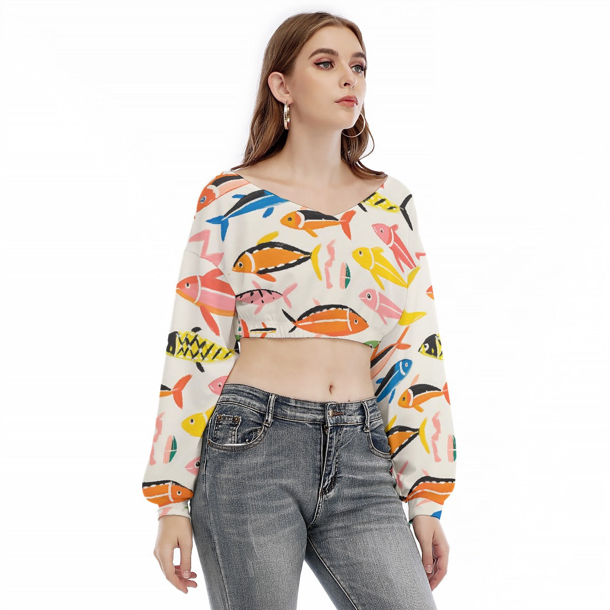 All-Over Print Women's V-neck Long Sleeve Cropped Sweatshirt