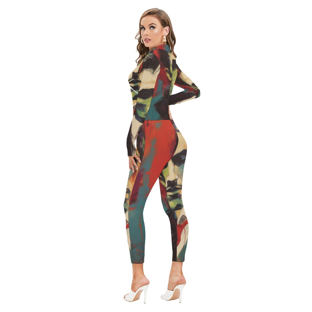 All-Over Print Women's Long-sleeved High-neck Jumpsuit With Zipper