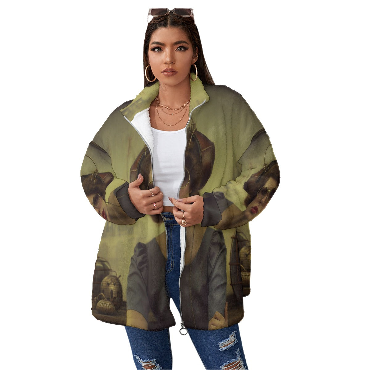 All-Over Print Unisex Borg Fleece Stand-up Collar Coat With Zipper Closure(Plus Size)