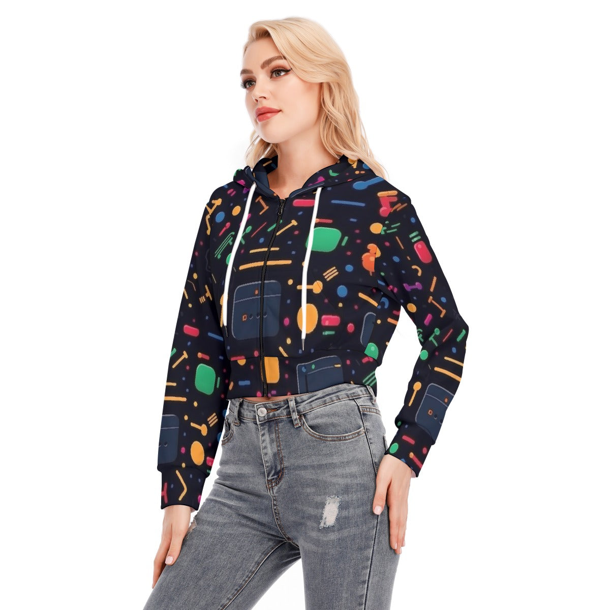 All-Over Print Women's Crop Top Hoodie With Zipper Closure