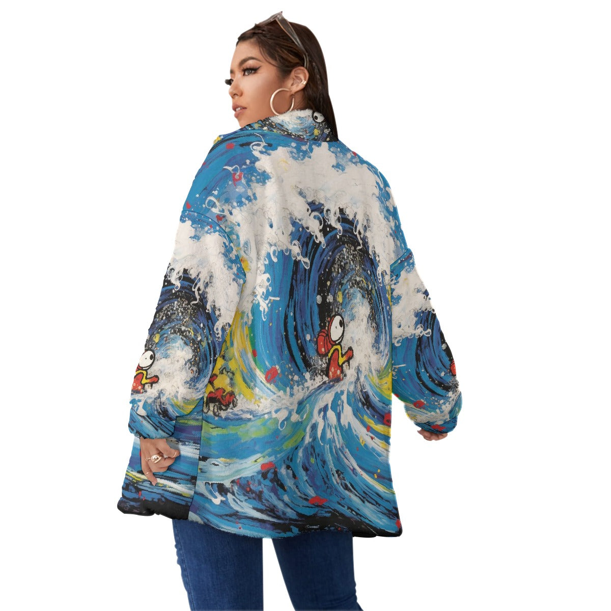 All-Over Print Unisex Borg Fleece Stand-up Collar Coat With Zipper Closure(Plus Size)