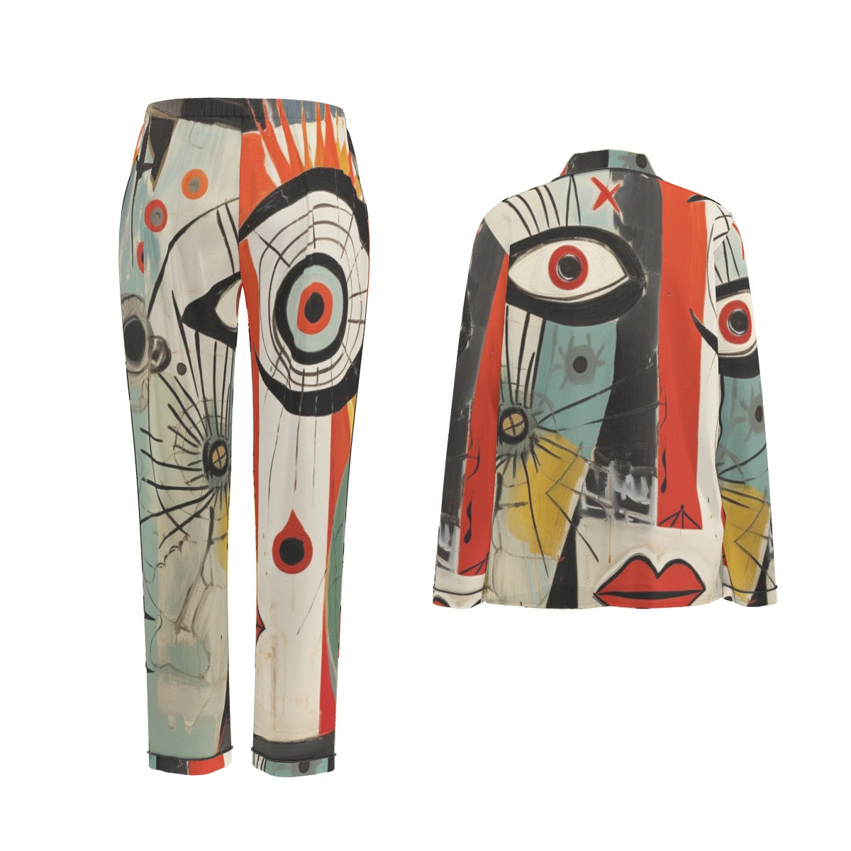 All-Over Print Women's Long Sleeve Pajama Set With Black Contrast Piping