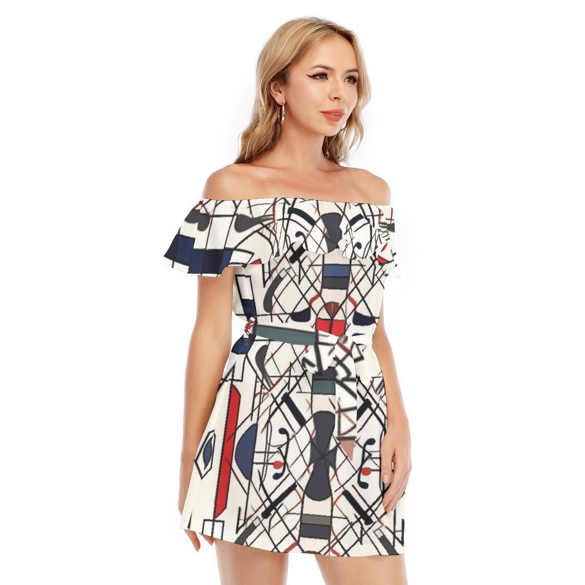 All-Over Print Women's Off-shoulder Dress With Ruffle