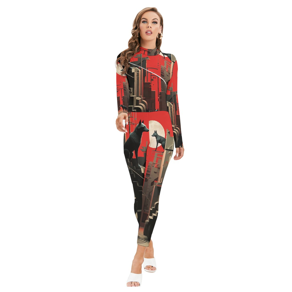 All-Over Print Women's Long-sleeved High-neck Jumpsuit With Zipper