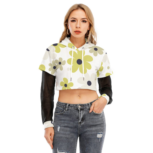 All-Over Print Women's Fake Two-piece Mesh Sleeve Cropped Hoodie