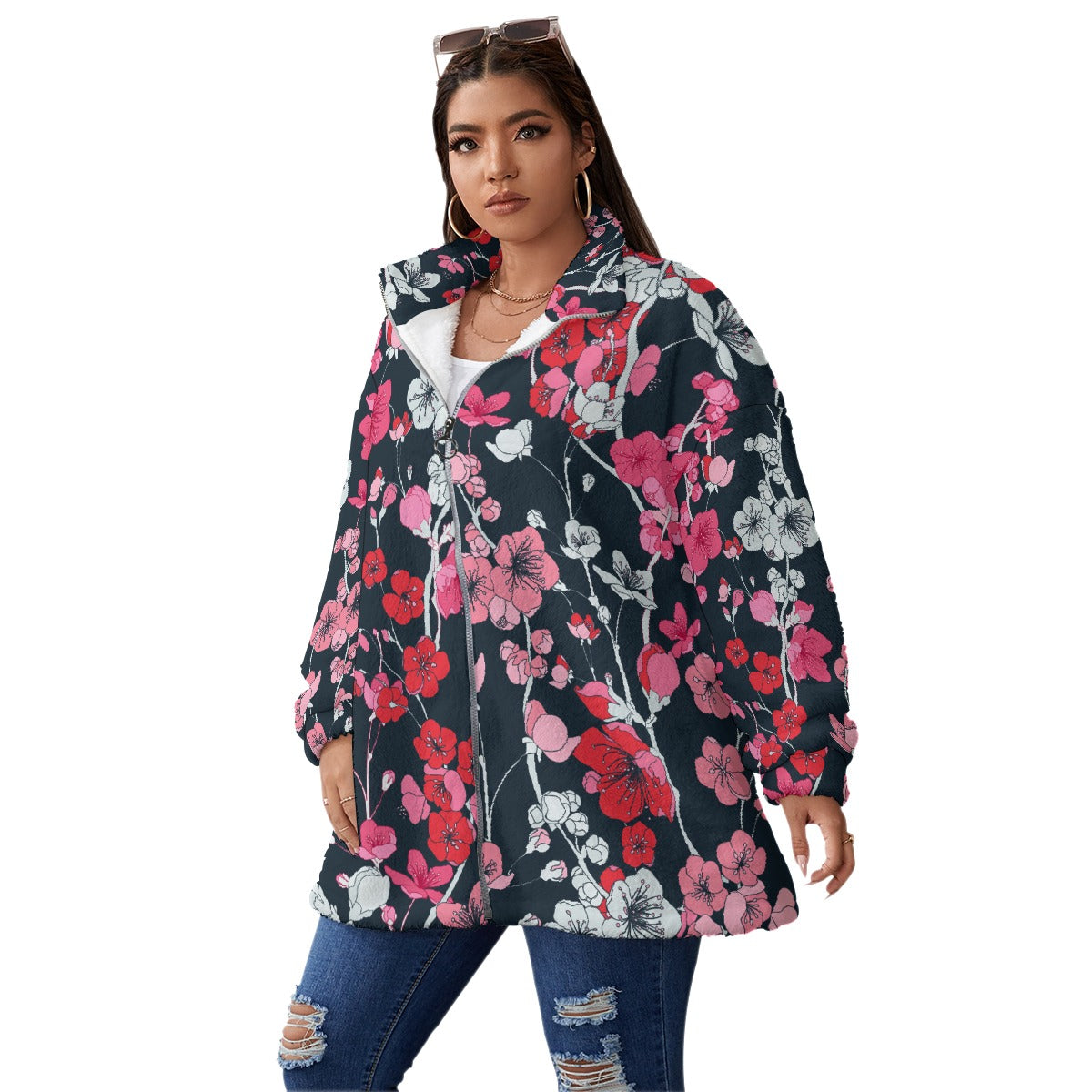 All-Over Print Unisex Borg Fleece Stand-up Collar Coat With Zipper Closure(Plus Size)