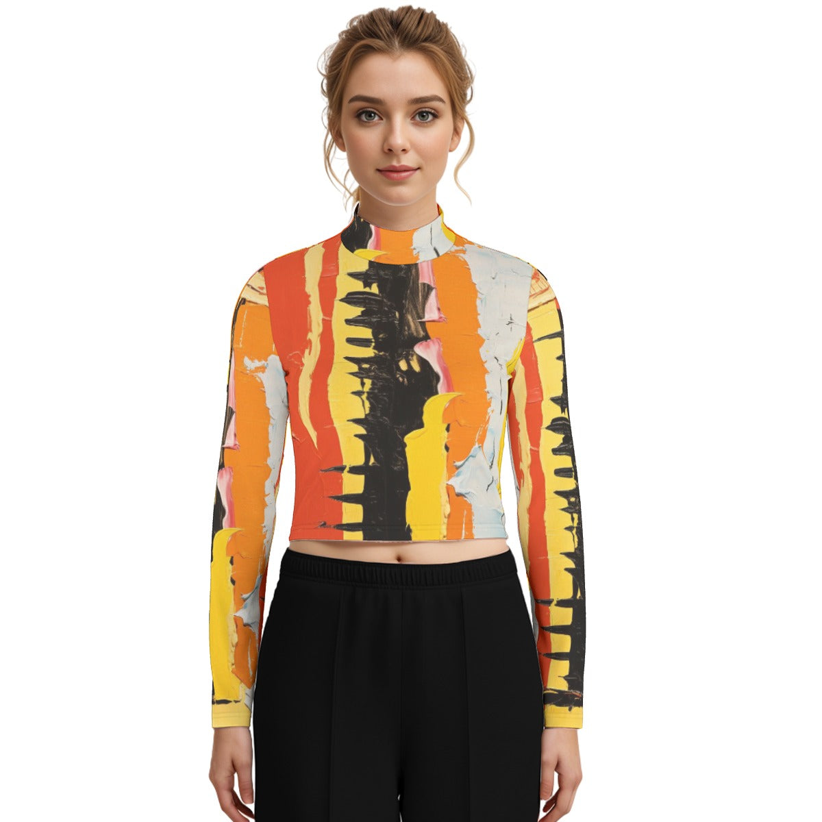 Eco-Friendly All-Over Print Women's Turtleneck T-shirt With Long Sleeve