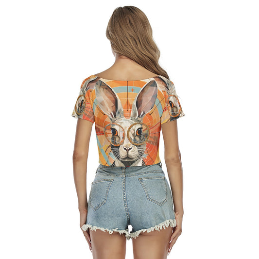 All-Over Print Women's Raglan Drawstring Front  Crop Tee