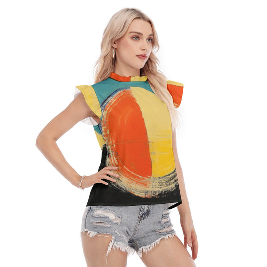 All-Over Print Women's Blouse With Ruffle Collar And Sleeve