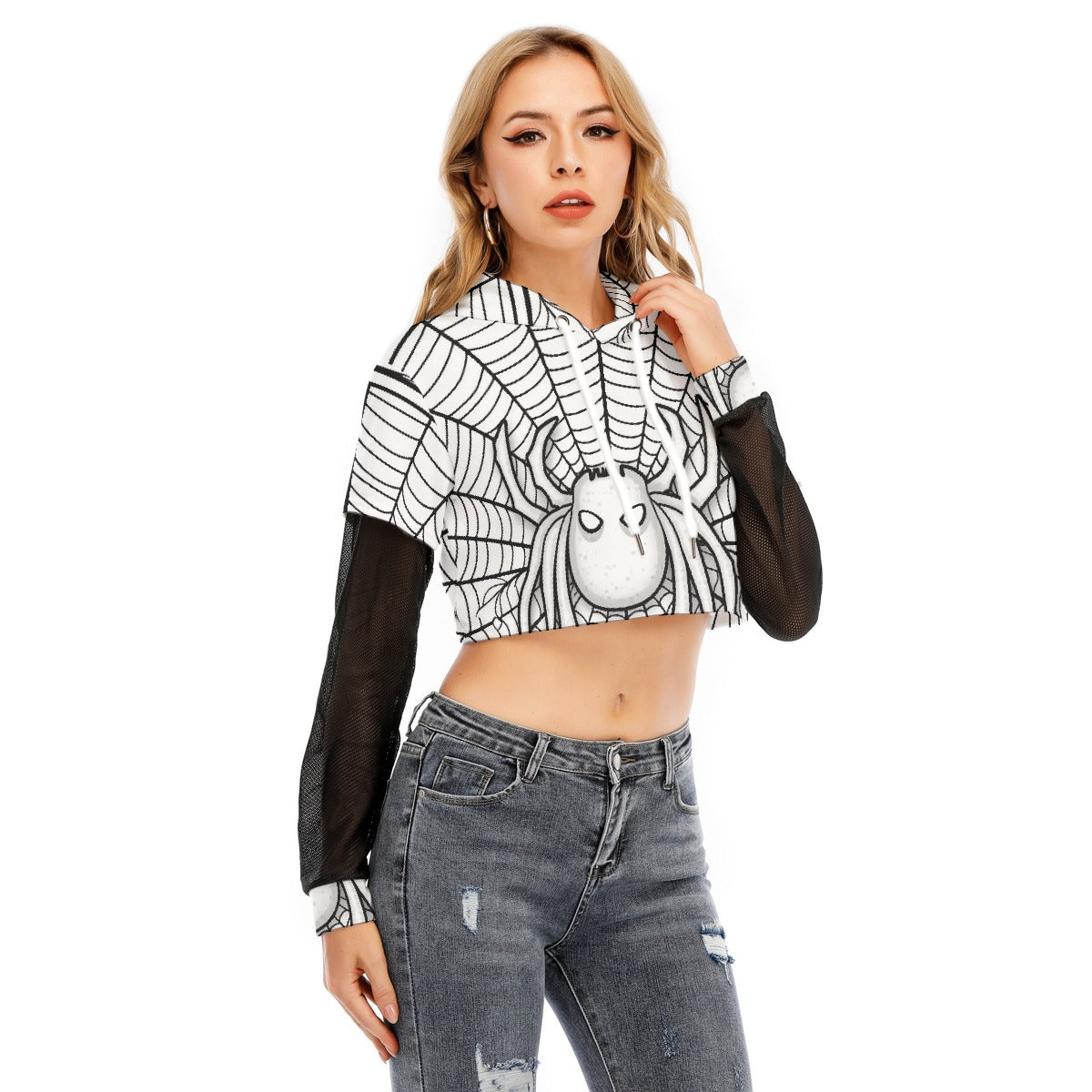 All-Over Print Women's Fake Two-piece Mesh Sleeve Cropped Hoodie