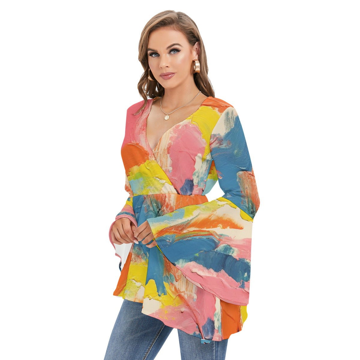 All-Over Print Women's V-neck Blouse With Flared Sleeves
