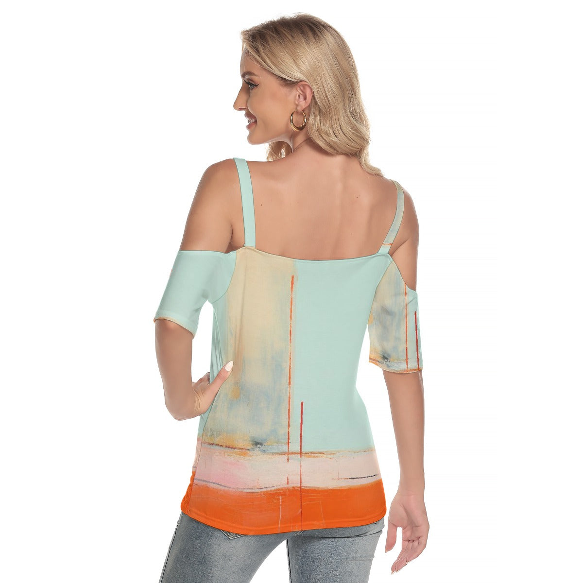 All-Over Print Women's Cold Shoulder T-shirt With Criss Cross Strips