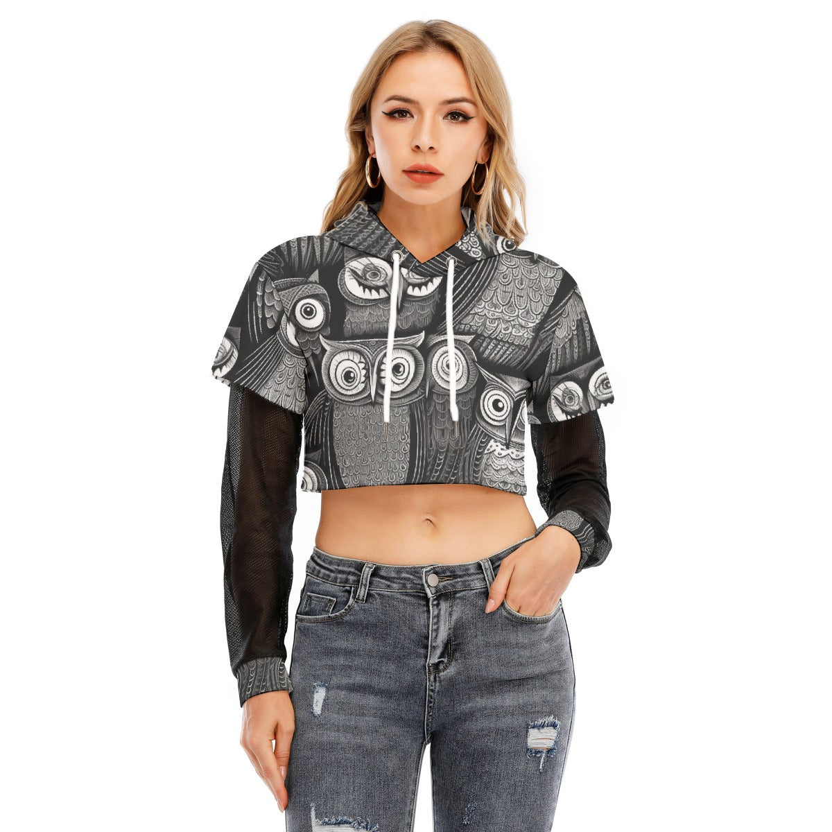 All-Over Print Women's Fake Two-piece Mesh Sleeve Cropped Hoodie