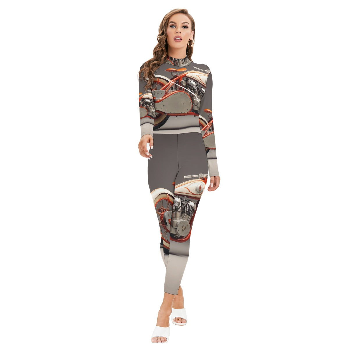 All-Over Print Women's Long-sleeved High-neck Jumpsuit With Zipper