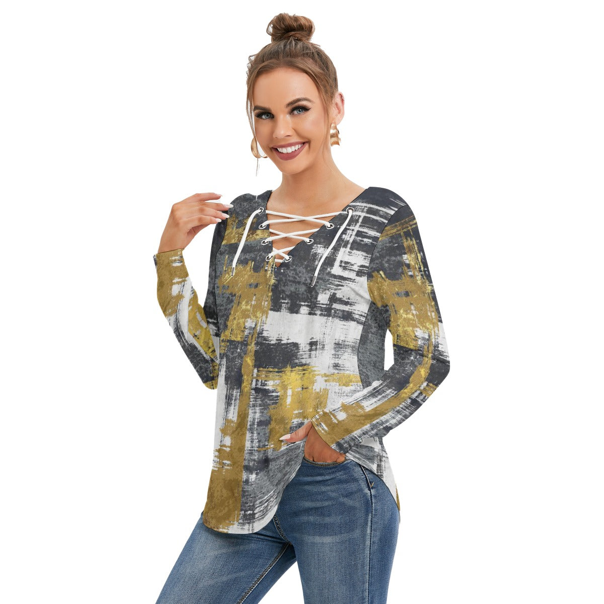 All-Over Print Women's Long Sleeve Neckline Tie Sweatshirt