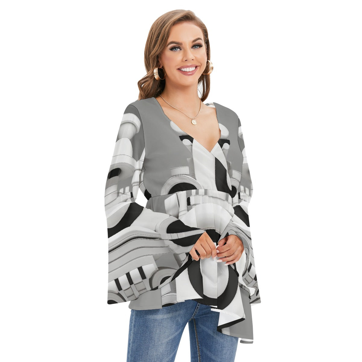 All-Over Print Women's V-neck Blouse With Flared Sleeves