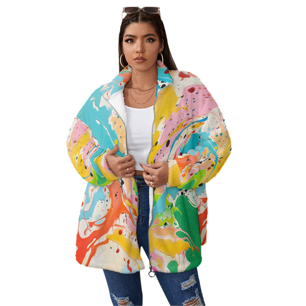 All-Over Print Unisex Borg Fleece Stand-up Collar Coat With Zipper Closure(Plus Size)