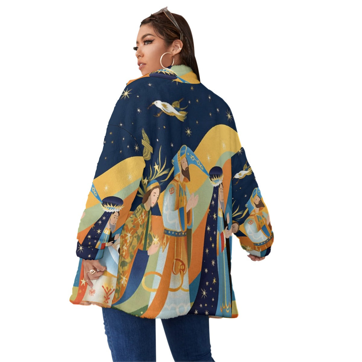 All-Over Print Unisex Borg Fleece Stand-up Collar Coat With Zipper Closure(Plus Size)