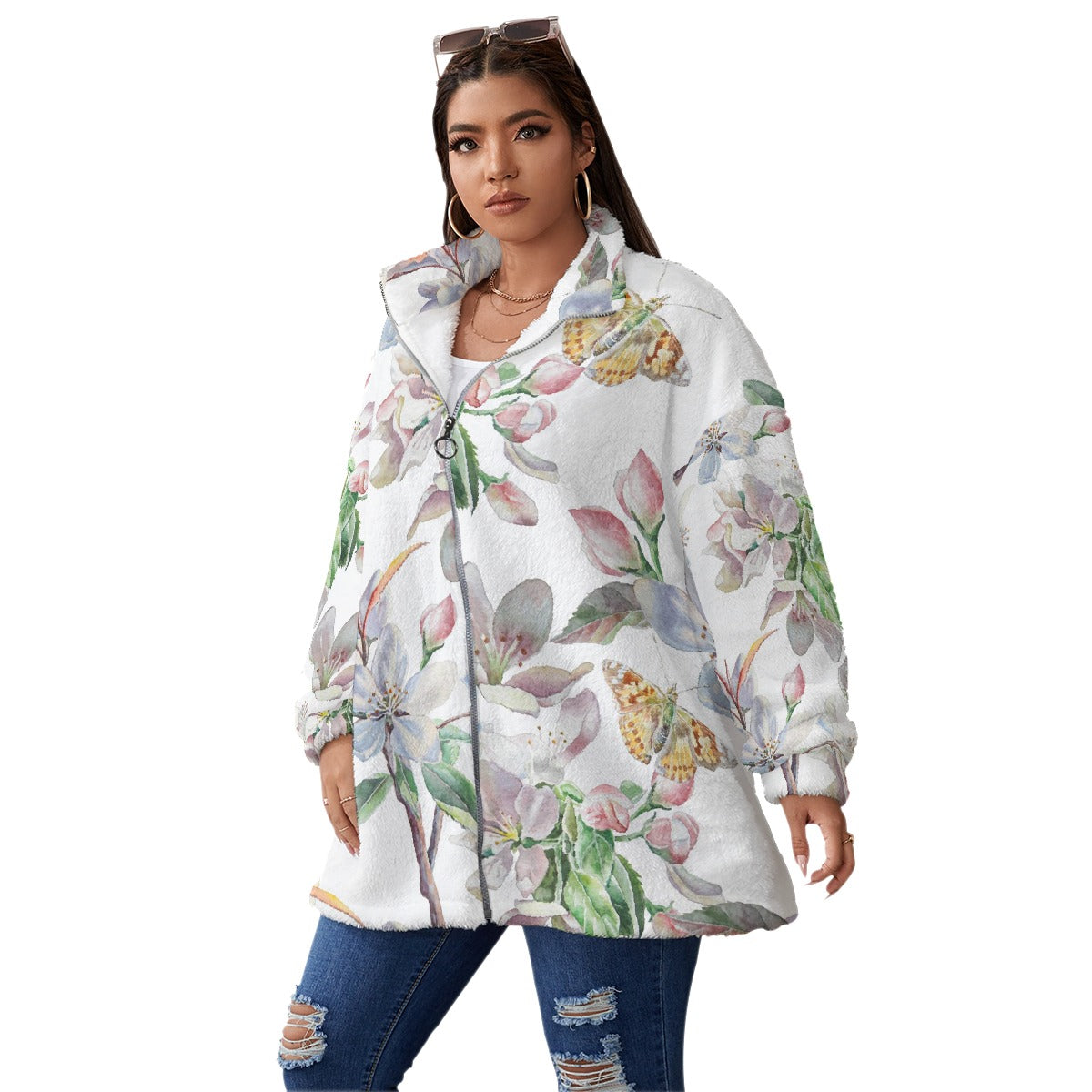 All-Over Print Unisex Borg Fleece Stand-up Collar Coat With Zipper Closure(Plus Size)