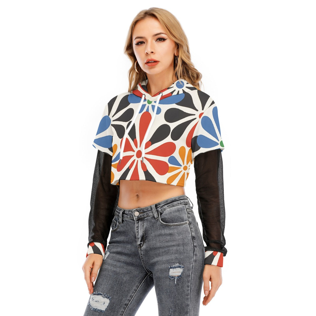 All-Over Print Women's Fake Two-piece Mesh Sleeve Cropped Hoodie