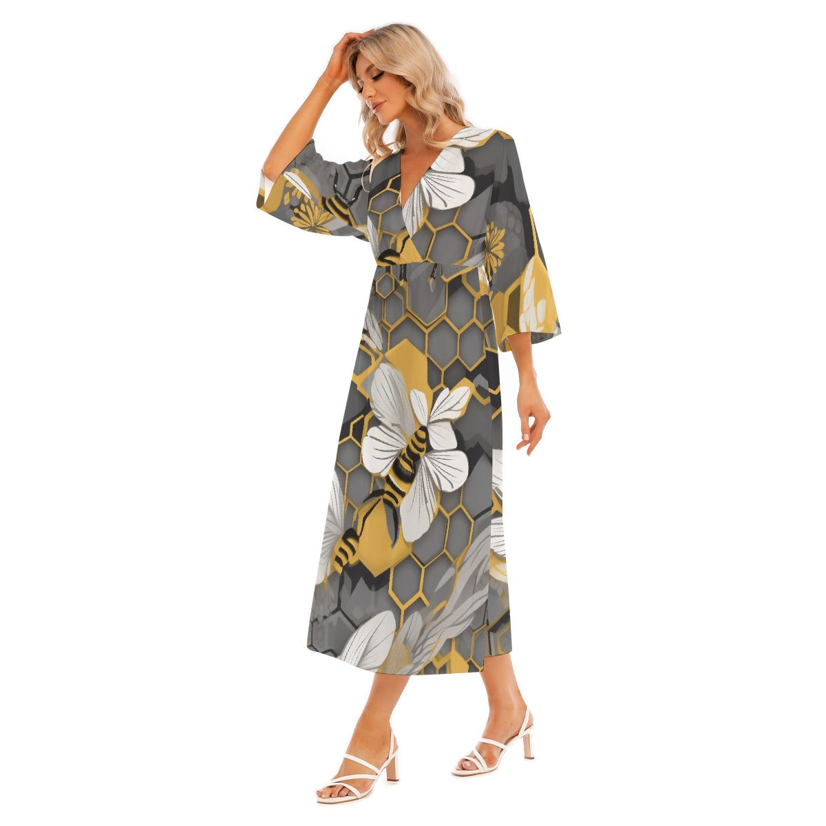 All-Over Print Women's Mid-Sleeve Long Dress