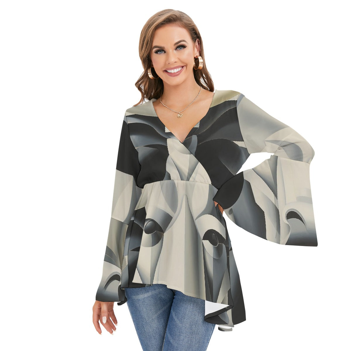 All-Over Print Women's V-neck Blouse With Flared Sleeves