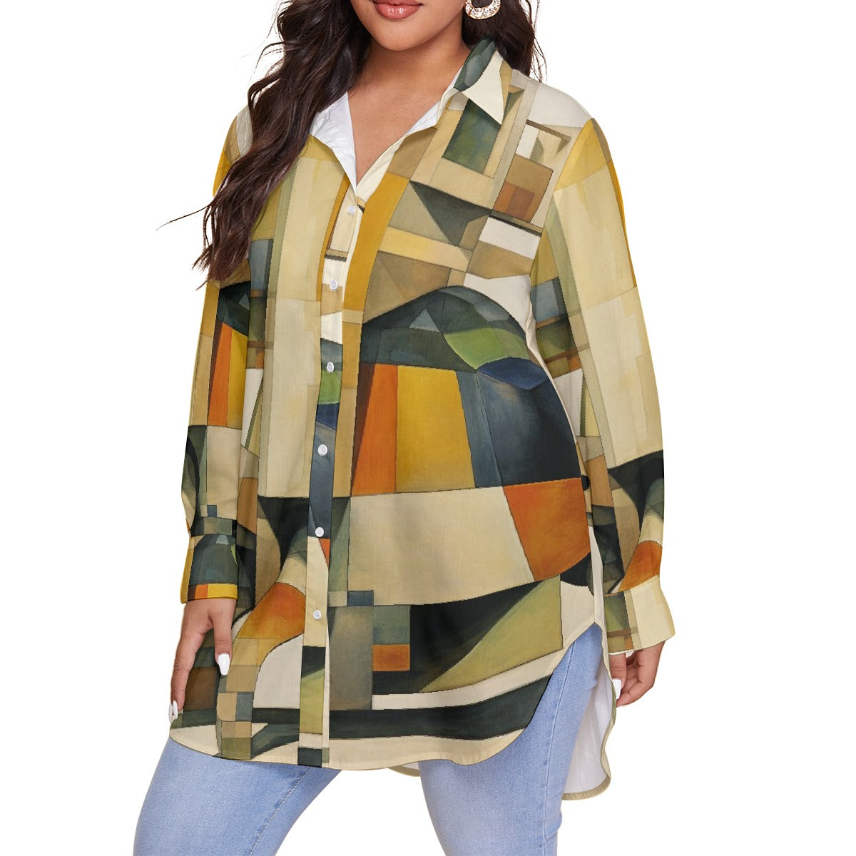 All-Over Print Women's Shirt With Long Sleeve(Plus Size)