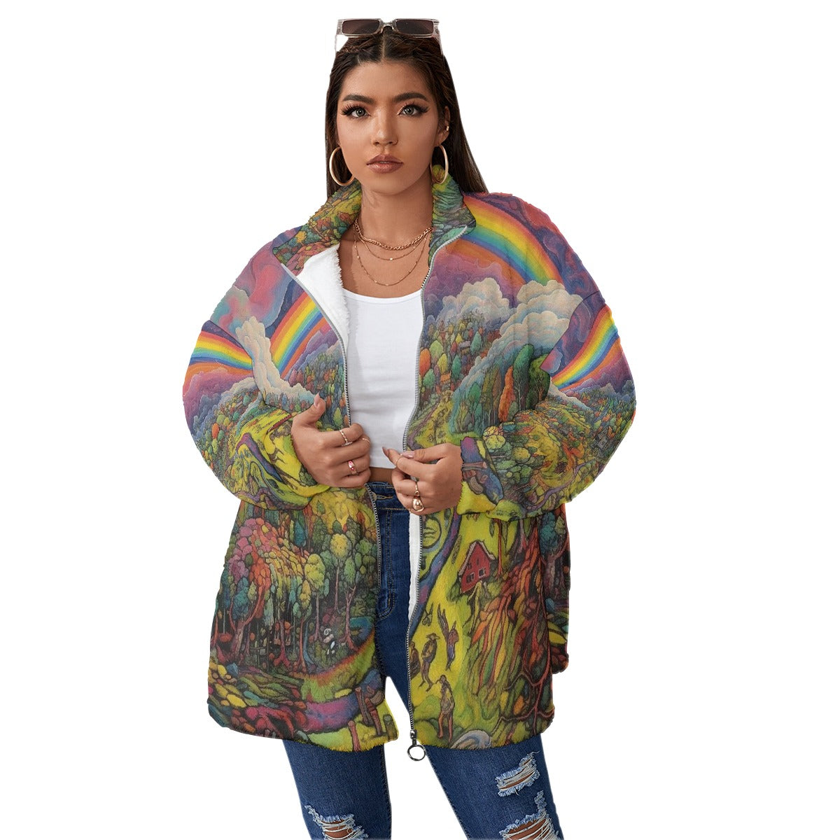 All-Over Print Unisex Borg Fleece Stand-up Collar Coat With Zipper Closure(Plus Size)
