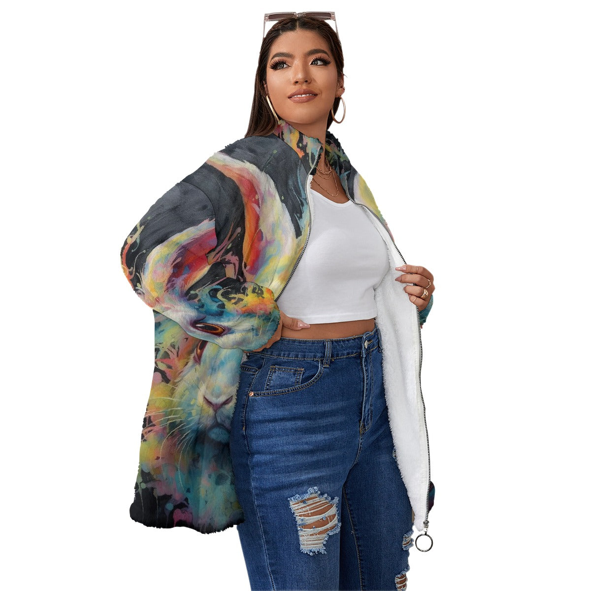 All-Over Print Unisex Borg Fleece Stand-up Collar Coat With Zipper Closure(Plus Size)