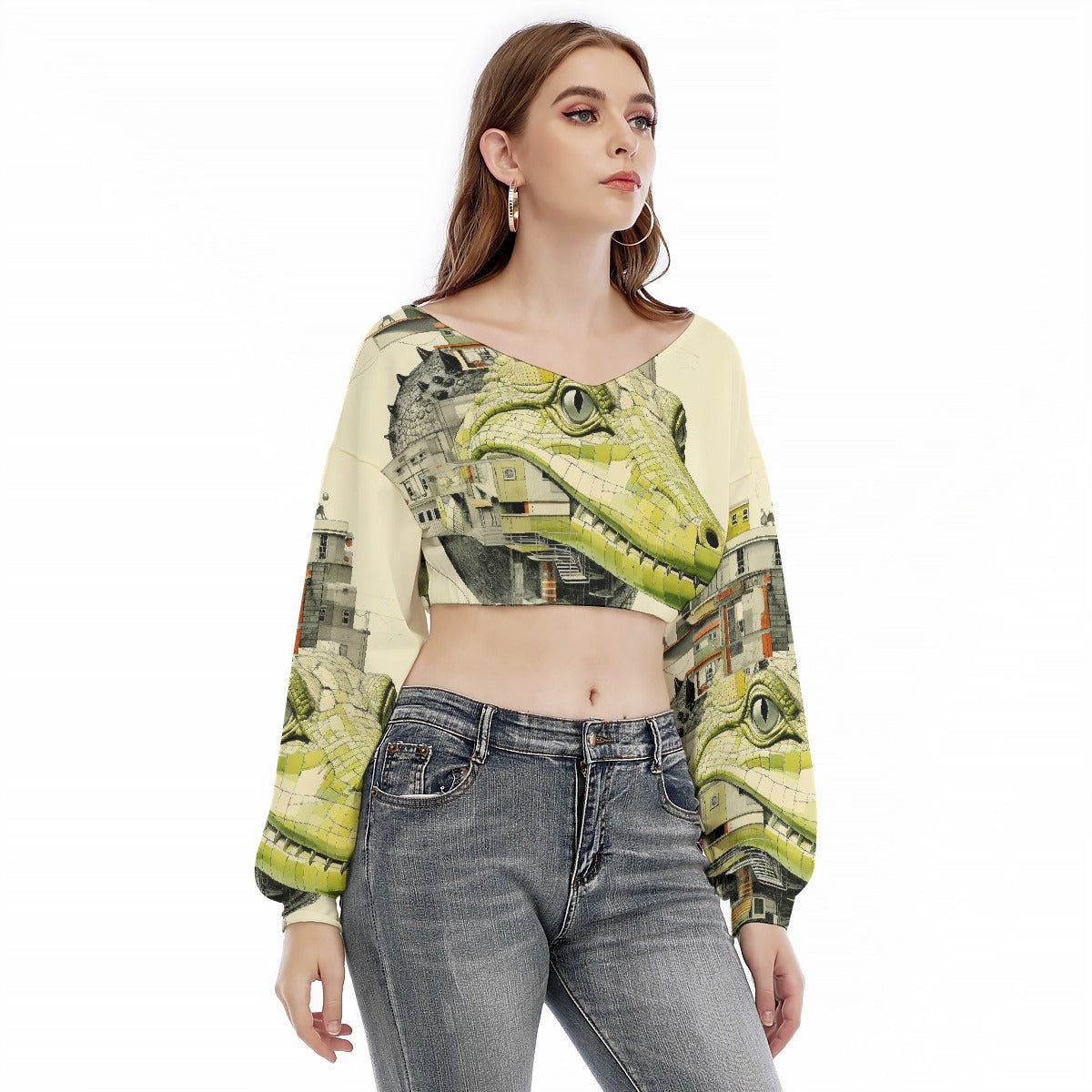All-Over Print Women's V-neck Long Sleeve Cropped Sweatshirt