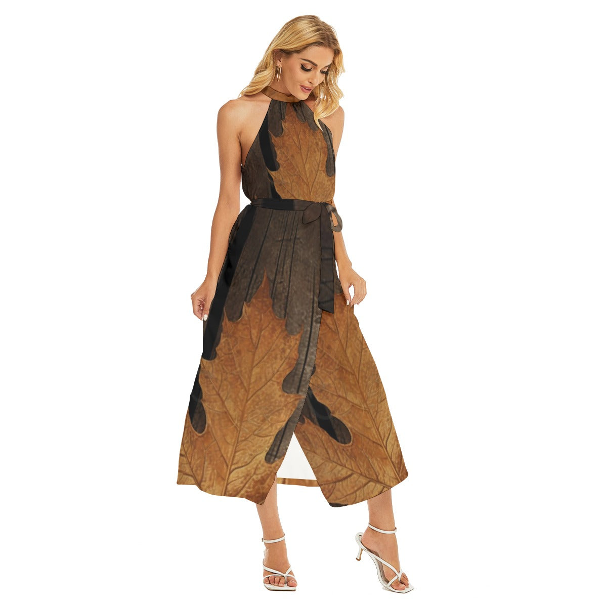 All-Over Print Women's Wrap Hem Belted Halter Dress