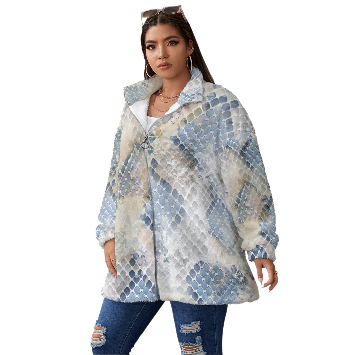All-Over Print Unisex Borg Fleece Stand-up Collar Coat With Zipper Closure(Plus Size)